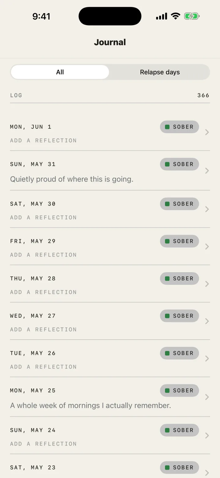 SoberDeck Journal: a dated list of entries, each marked sober, with room for a reflection.