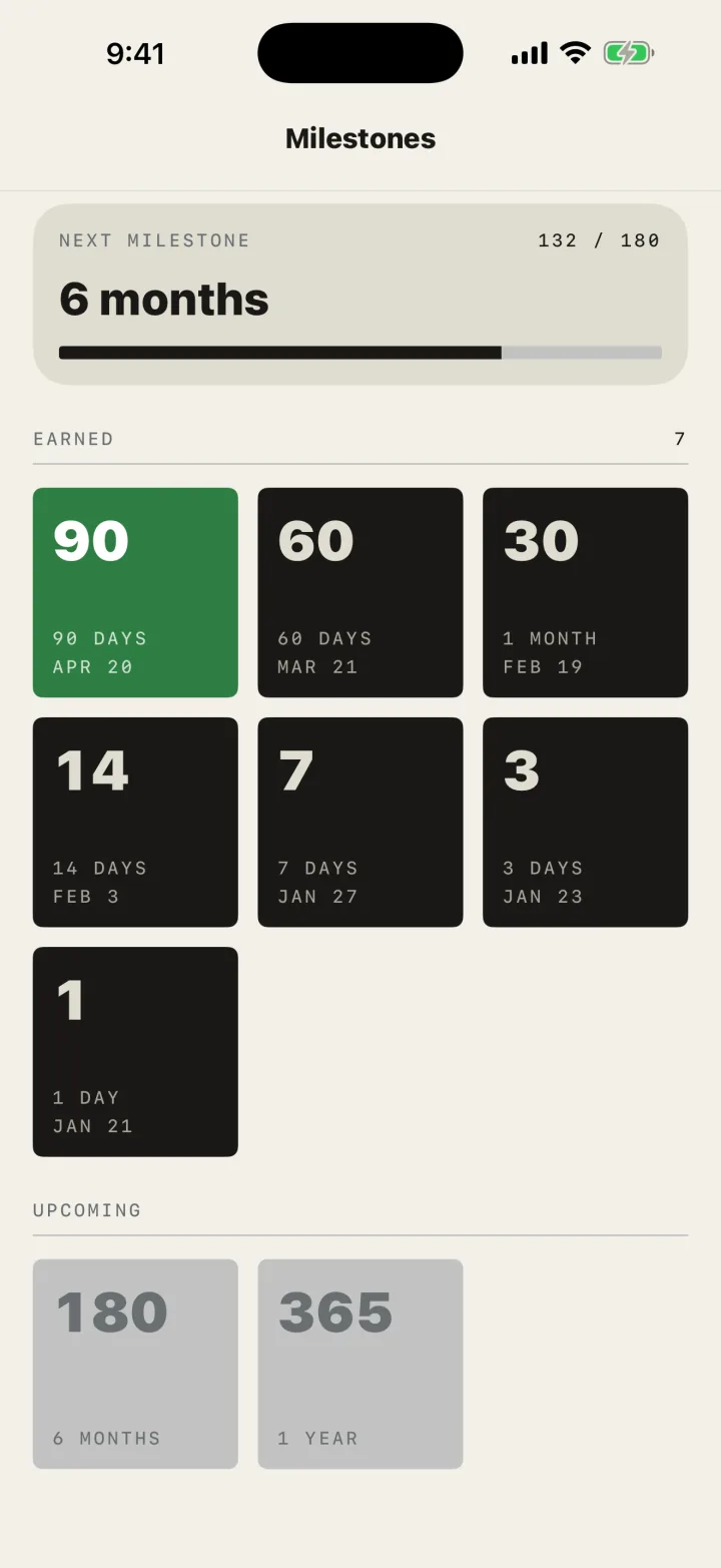SoberDeck Milestones: earned badges from 1 day up to a full year, with the next one in progress.