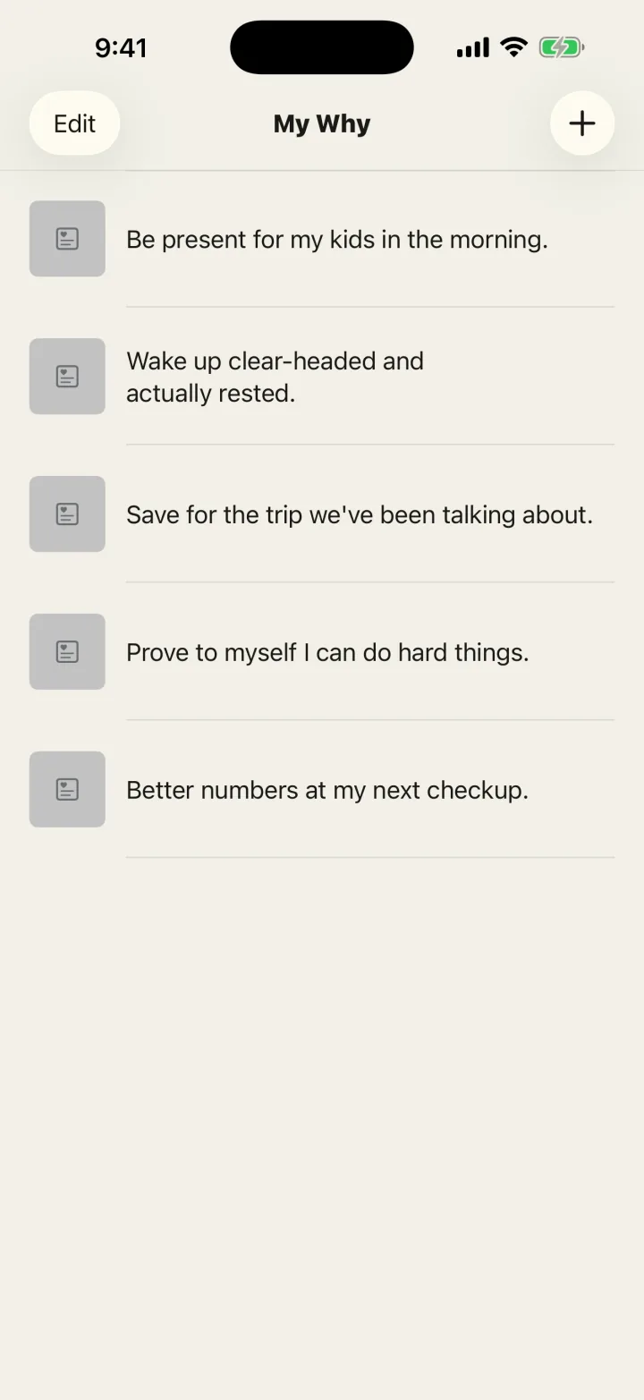 SoberDeck My Why: a personal list of reasons for staying sober.