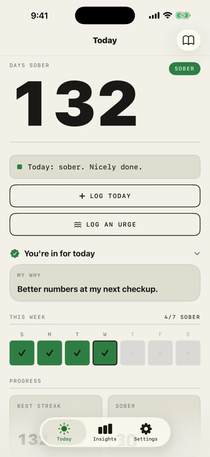 SoberDeck Today screen: 132 days sober, a weekly check-in strip, and a My Why card.